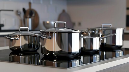 group of pots and pans set in the kitchen