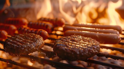 hamburgers and hotdogs cooking on flaming grill shot with selective focus - obrazy, fototapety, plakaty