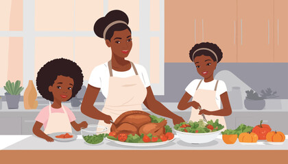 Family Cooking Concept: Doodle Art of an African American Woman and Her Daughter