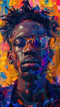 A man with a beard and glasses is painted in a colorful abstract style