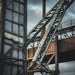 Fototapeta premium A moody industrial background with aged metal structures and faded signage, capturing the industrial heritage of urban landscapes 