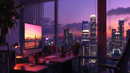Fototapeta na wymiar Remote work setup with city view, dusk, efficient space, vibrant screen glow