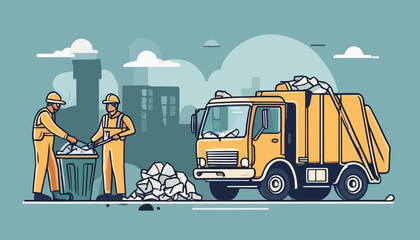 Minimalist Doodle of Dustmen and Garbage Truck Cleaning a Trash Can - obrazy, fototapety, plakaty
