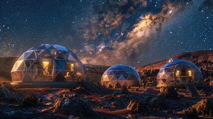 Mars Colony, domes against starry night, humanitys red planet dawn, hopeful horizon - obrazy, fototapety, plakaty