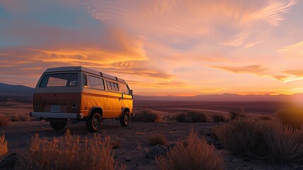Fototapeta na wymiar Digital Nomad van life, sunset, desert, wide angle, lifestyle freedom