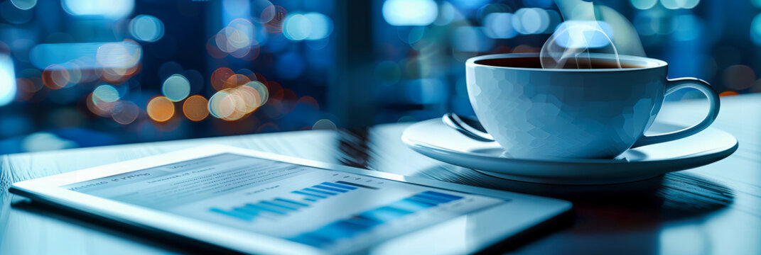 Business Desk with Coffee, Financial Papers and Pen, Workplace Environment, Morning Light
