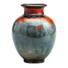 Front view of earthen Asian-inspired vase isolated on a white transparent background