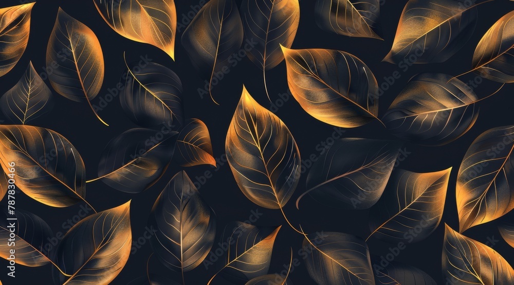 Poster seamless pattern with golden leaves on a dark background