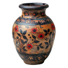 Front view of earthen folk-art styled vase isolated on a white transparent background