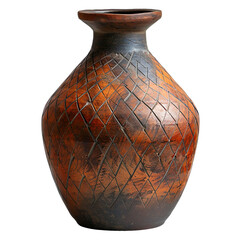 Front view of earthen geometric-patterned vase isolated on a white transparent background