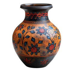 Front view of earthen intricate-designed vase isolated on a white transparent background