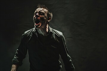 Portrait of a man with open mouth screaming on a dark background - obrazy, fototapety, plakaty