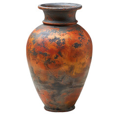 Front view of earthen Mediterranean-inspired vase isolated on a white transparent background