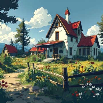 eastern european village house with a big garden, flowers in the garden, cuphead style, flat illustration
