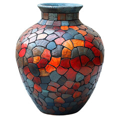 Front view of earthen mosaic-style vase isolated on a white transparent background