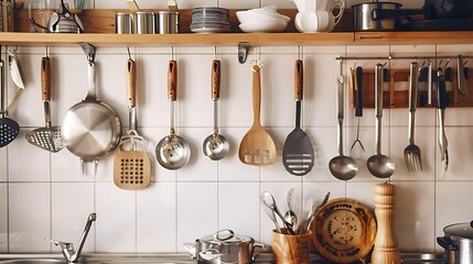 Kitchen utensils hanging on the wall shelves with kitchen ware