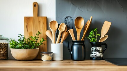 Kitchen utensils in containers on table