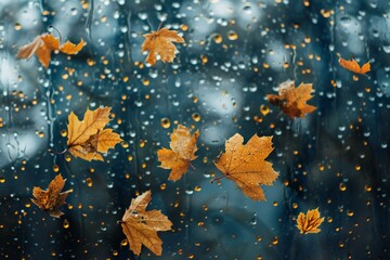 Fallen maple leaves on the background of the rain,  Autumn background