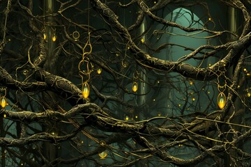 Lanterns on the branches of a tree in the dark - obrazy, fototapety, plakaty
