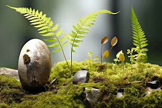 Easter egg and sprouts of ferns on moss
