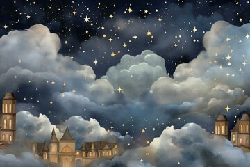 Night sky with clouds and fairy-tale castles,  Illustration
