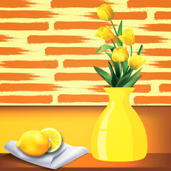 Vase with yellow tulips and lemons. Illustrated still life for interior design.