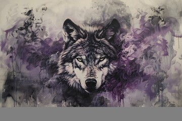 Watercolor painting of a wolf with purple and violet splashes