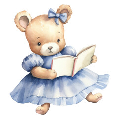 PNG bear reading book, watercolor animal character, transparent background
