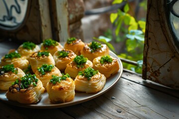 Sweet baklava with sour cream and green onions on a plate - obrazy, fototapety, plakaty