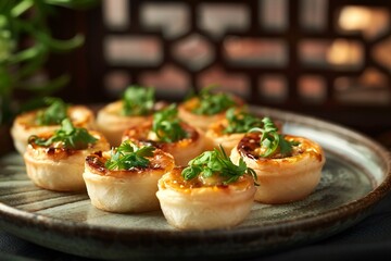 Mini tartlets with cheese and herbs on a plate, selective focus - obrazy, fototapety, plakaty