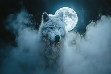 White wolf on a background of the moon in the night sky - obrazy, fototapety, plakaty
