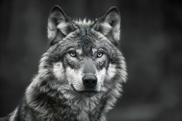Portrait of a gray wolf in black and white,  Animal portrait