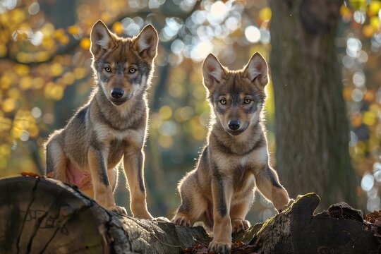 Two wolf cubs in the autumn forest,  Wildlife scene from nature