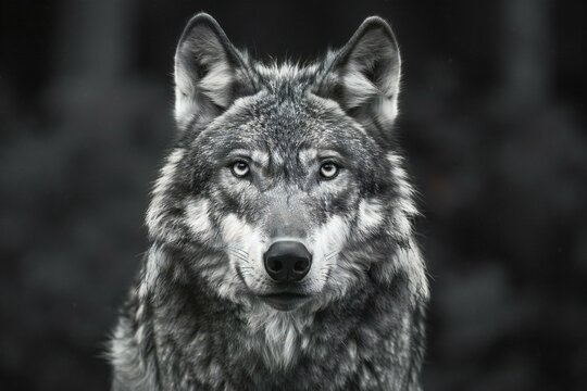 Portrait of a wolf in the forest,  Black and white photo