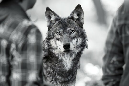 Black and white portrait of a wolf in the forest, black and white photo