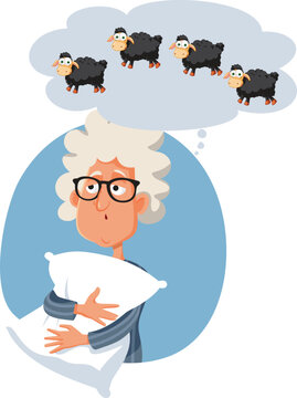 Insomniac Senior Lady Counting Sheep Vector Cartoon Illustration. Sad tired granny feeling unwell suffering from insomnia 
