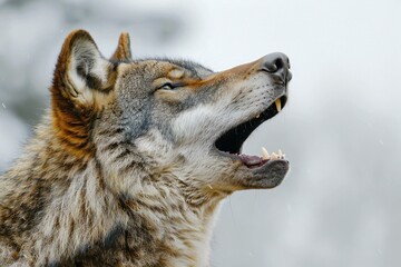 Portrait of a wolf howling in the snowy forest, winter