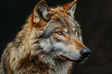 Portrait of a wild wolf on a dark background, close-up