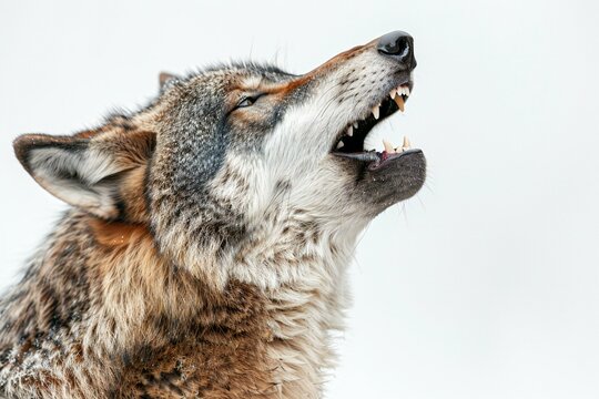 Portrait of a wolf howling on a white background in winter