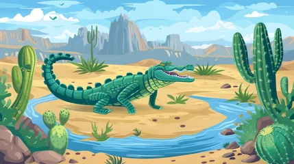 Poster A crocodile is swimming in the African desert with sand, cactuses, and mountains. A desert oasis landscape featuring waterholes and wild reptiles. Modern cartoon illustration. © Mark