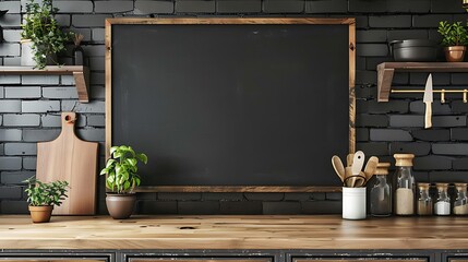 Mock up chalkboard in kitchen interior scandinavian style panoramic background