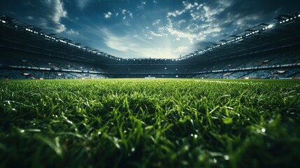 Soccer ball on green grass field in stadium. - obrazy, fototapety, plakaty