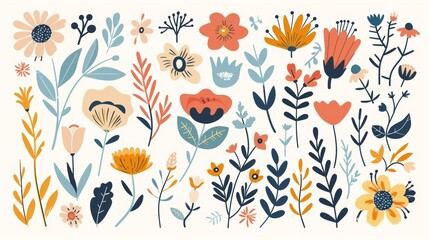 Flower, leaves, botanical icons in minimal simple folk style on white background, modern illustration with cutouts.