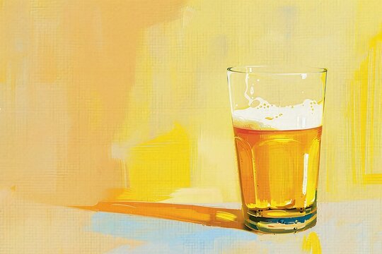Colorful painting of a glass of beer on a yellow background