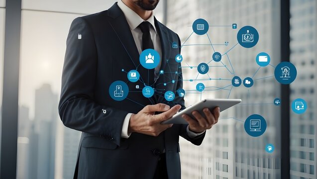 Businessman using tech devices and icons thin line interface, for tech background or presentation.