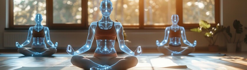 A guided yoga session with holographic poses, natural morning light, peaceful home environment