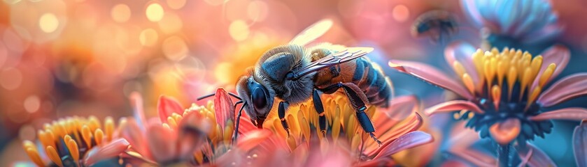 Augmented reality bee pollination demonstration, bright colors, macro view, environmental education tool