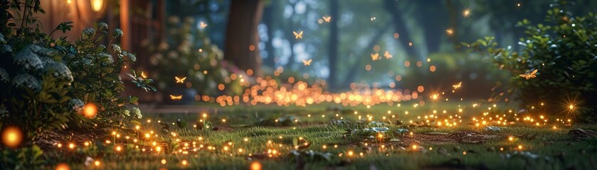 Digital fireflies lighting up a backyard in AR, soft evening light, immersive magical atmosphere