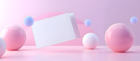 Creative template concept. Abstract blue white pink balls sphere floating on pastel violet purple background landscape with blank white paper note. Template for product presentation. copy text space	
