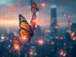 Holographic butterflies over a smart cityscape, blending nature and urban innovation, copy space below 